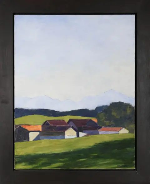 Reiner Wagner, signé en bas à droite, Hildesheim 1942 – actif à Hanovre, « Village de l'Allgäu en été », titré au verso sur étiquette, huile/toile, 90 x 70 cm…