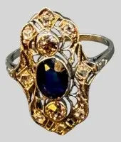 Art Deco-ring i hvidguld 585, blå safir som midtersten omgivet af diamanter, 2,67 g, str. 52