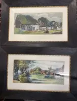 2幅签名难以辨认的水彩画，日期1914年，装框/玻璃，每幅RG 32x48 cm，乡村场景