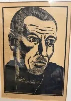 签名难以辨认的男性肖像，带框/玻璃，框尺寸51x41厘米，木刻版画题为“Fischer”