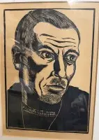 Mandligt portræt med ulæselig signatur, indrammet/glas, rammemål 51x41 cm, træsnit med titlen "Fischer"