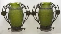 一对大型新艺术风格花瓶,带青铜饰边,Palme-König,绿色,略带虹彩,高30厘米,宽30厘米,保存极好
