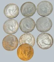 10x 2 Reichsmark, 3.Reich, Hindenburg, Silber, ca. 80 gr