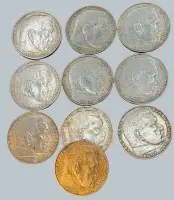 10 टुकड़े 2 राइख्समार्क, तृतीय राइख, हिंडनबर्ग, चांदी, लगभग 80 ग्राम