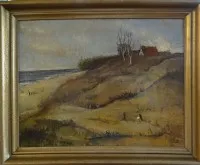 字母组合 HD，《海滩上的房子》油画/涂漆纤维，带框，中央有小洞（漆面剥落），RG 46x57 厘米