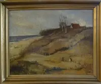 字母组合 HD，《海滩上的房子》油画/涂漆纤维，带框，中央有小洞（漆面剥落），RG 46x57 厘米