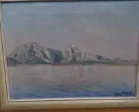 Richard GOESSLER (1873-1946) (18)95,M.，《岸边村庄全景的海岸场景》瑞士？油画/亚麻布，带框，RG 38x48 cm