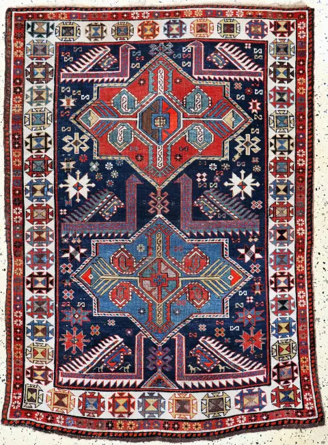 "Akstafa" antik Kazak halı, Kafkasya, 19. yy, yün üzerine yün, yak. 160 x 117 cm, durum: 2-3,