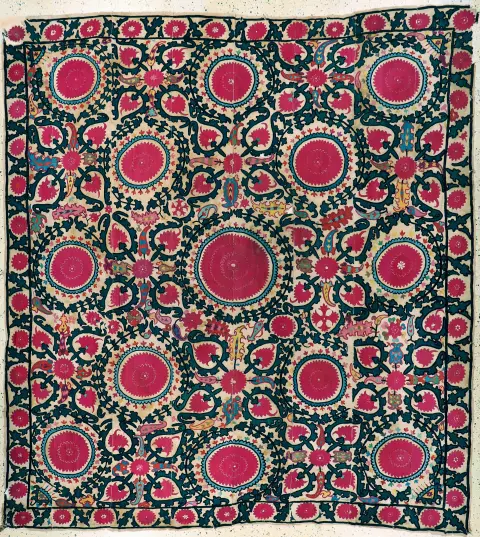 Taschkent-Susani antique, Ouzbékistan, 19e siècle, broderie de soie sur tissu de coton composé de 8