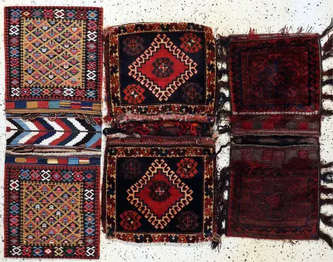 3 çift torba, İran, 20. yüzyıl başı, yün üzerine yün, yak. 130 x 52 cm, durum: 2-3