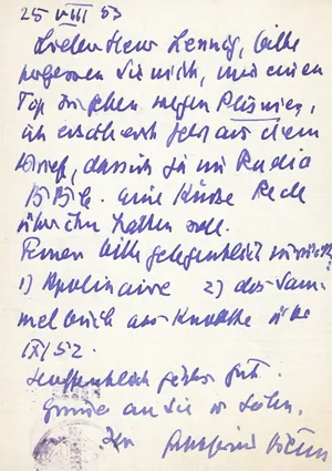 Benn, Gottfried – Postkarte an Walter Lennig. 1953