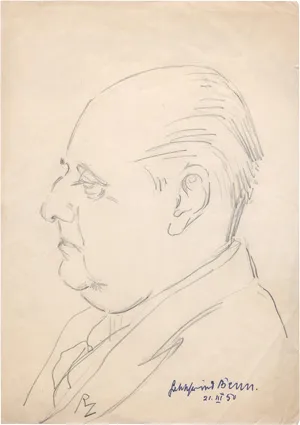 Benn, Gottfried – Portrait drawing signed by Benn. 1950 + enclosures