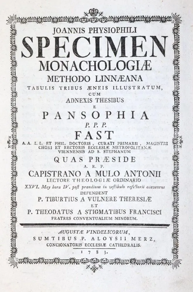 (Born,J.v.). – Joannis Physiophili specimen monachologiae methodo Linnaeana