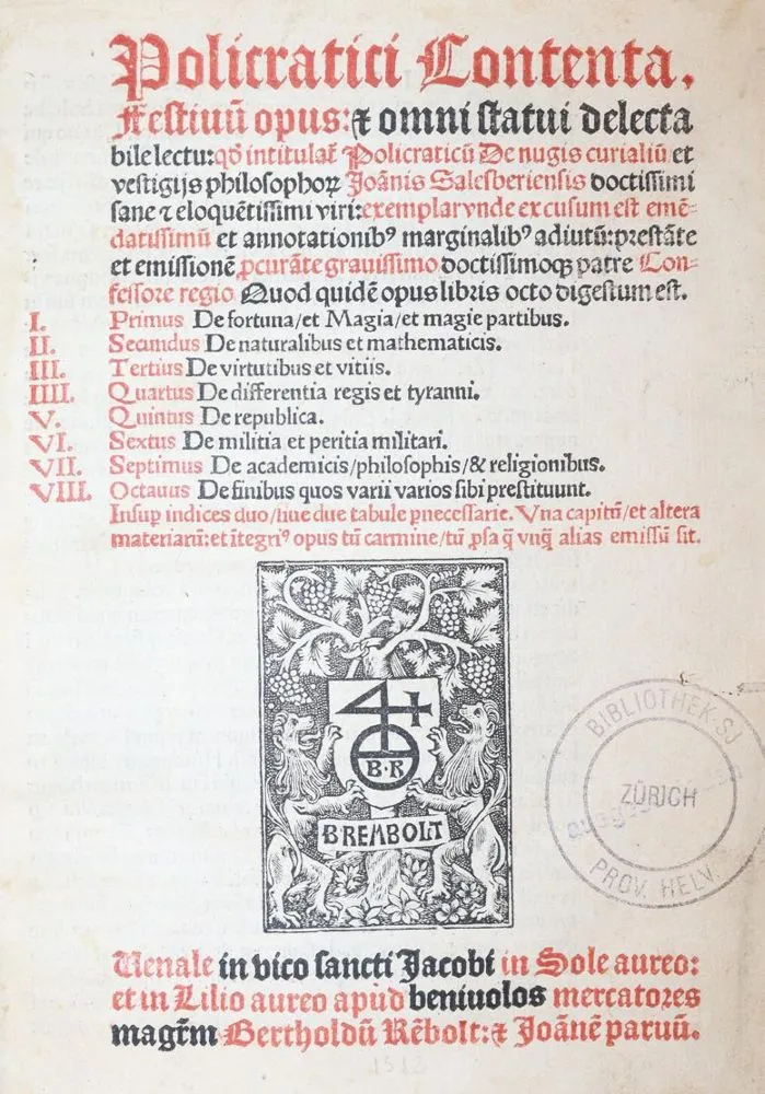 Johannes von Salisbury. – Policratici contenta