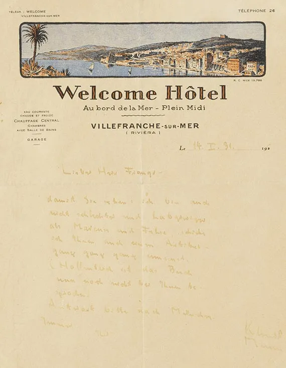 Klaus Mann, Eigenhändiger Brief an Franz Goldstein