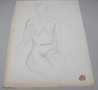 一幅裸体画，可能是一位沐浴者，素描可能为炭笔，有签名和编号