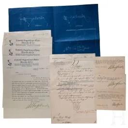 关于飞行自行车专利申请尝试的技术图纸和往来信件，德语，1897-1913年