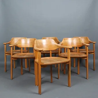 ANSAGER MØBLER。餐椅 / 扶手椅,木质,丹麦,1970年代(6件)。