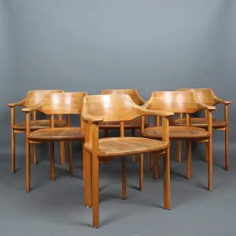 ANSAGER MØBLER。餐椅 / 扶手椅，木质，丹麦，1970年代（6件）。