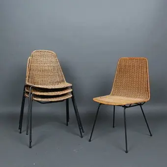GIANFRANCO LEGLER (وآخرون). طقم كراسي منها طراز 'Basket Chair'، خمسينيات القرن العشرين، خيزران منسوج، معدن (4).
