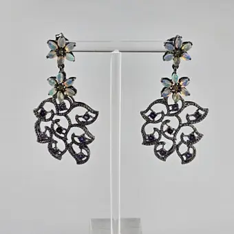 Pendientes florales con ópalos, amatistas y diamantes - plata de ley 925