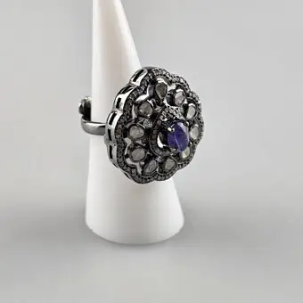 Anillo de tanzanita y diamantes, plata de ley 925