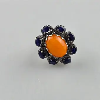 Anillo de ópalo con cianitas y diamantes – plata de ley 925.