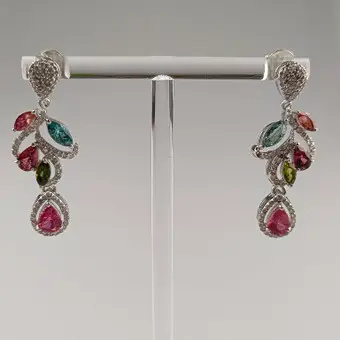 Pendientes colgantes de turmalina con diamantes, plata 925.