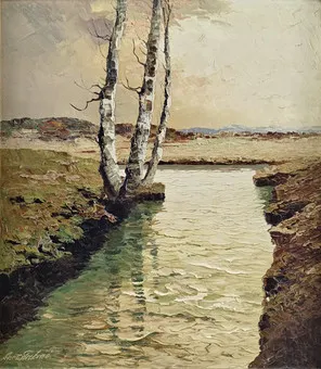 Graboné，Georg Arnold。山麓秋景，溪边白桦，布面油画。