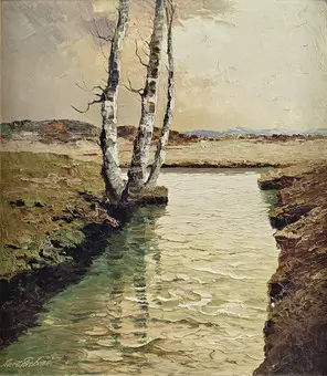 Graboné, Georg Arnold. Paisaje otoñal en las estribaciones con abedules junto al arroyo, óleo sobre lienzo.
