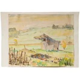 Fienile di campagna in un paesaggio prativo autunnale, acquerello, 1945