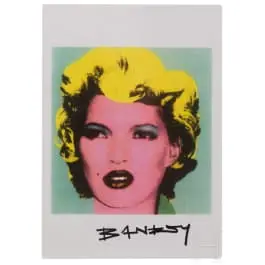 „Kate“, da Banksy, cartolina con informazioni sulla mostra „Crude Oils“, Londra