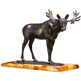 琥珀底座上的青铜驼鹿雕像，Hendrik Scholter，约1930年