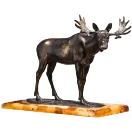 Brončana figura losa na jantarnom postolju, Hendrik Scholter, oko 1930.