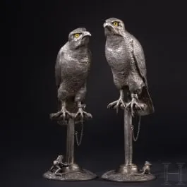 Two large silver falcons, German, Hanau, Wilhelm Weinranck, circa 1900