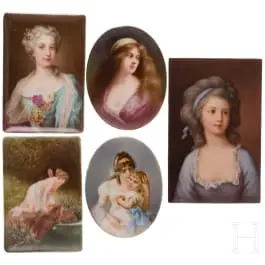 5 لوحات بورسلين مرسومة بدقة عليها منمنمات صور شخصية، منها KPM وSwaine & Co.، بين 1900–1915