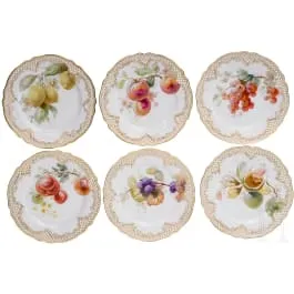 Sei piatti con decoro a frutta Nymphenburg, circa 1900