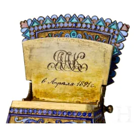 Cloisonné emailový slánkový trůn, Rusko, Moskva, Ivan Saltikov, 1889