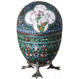 Velikonoční vejce ze smaltu cloisonné s květinovou dekorací a stojánkem, Rusko, 2. polovina 20. století