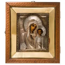 Küçük Kazan Meryem Ana ikonu, gümüş oklad ve kiot ile, Rusya, yak. 1900 (ikon), Moskova, 1908-1917 (oklad)