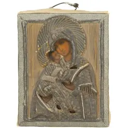 Küçük Vladimir Meryem Ana (Vladimirskaya) ikonu, filigran kaplamalı, Rusya, 19. yy.
