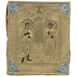 圣像画，含施洗约翰与圣尼古拉，带珐琅掐丝装饰的金属罩，俄罗斯，19世纪