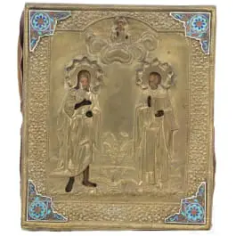 Ikone mit Johannes dem Täufer und dem Heiligen Nikolaus mit Oklad mit Cloisonné-Email-Appliken, Russland, 19. Jhdt.