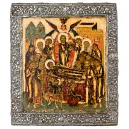 Ikone mit dem Entschlafen der Gottesmutter, mit Silberbasma, Russland, 18. Jhdt.