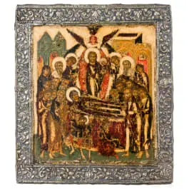 Icoon van het Ontslapen van de Moeder Gods, met zilveren basma, Rusland, 18e eeuw