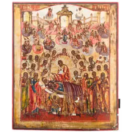 Groot icoon met meervoudige voorstelling "Ontslapen van de Moeder Gods", Rusland, Vetka, eind 19e eeuw