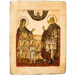 Zeldzame icoon van de heilige Sophia met haar dochters en de heilige Christophorus Kynokephalos, Rusland, 19e eeuw