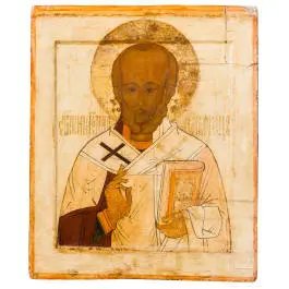 Grootformaat icoon van de heilige Nicolaas van Myra, Rusland, rond 1600, met uitgebreide overschilderingen