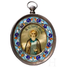 Petite icône avec Serge de Radonège, basma en émail cloisonné, Russie, Moscou, 1908-1917