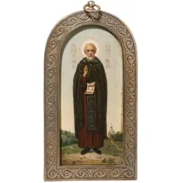 Fijn geschilderd icoon met de heilige Sergius van Radonezj, zilveren basma, Rusland, circa 1900 (icoon), Moskou, Dmitri Lukitsch Smirnow, 1908-1917 (basma)